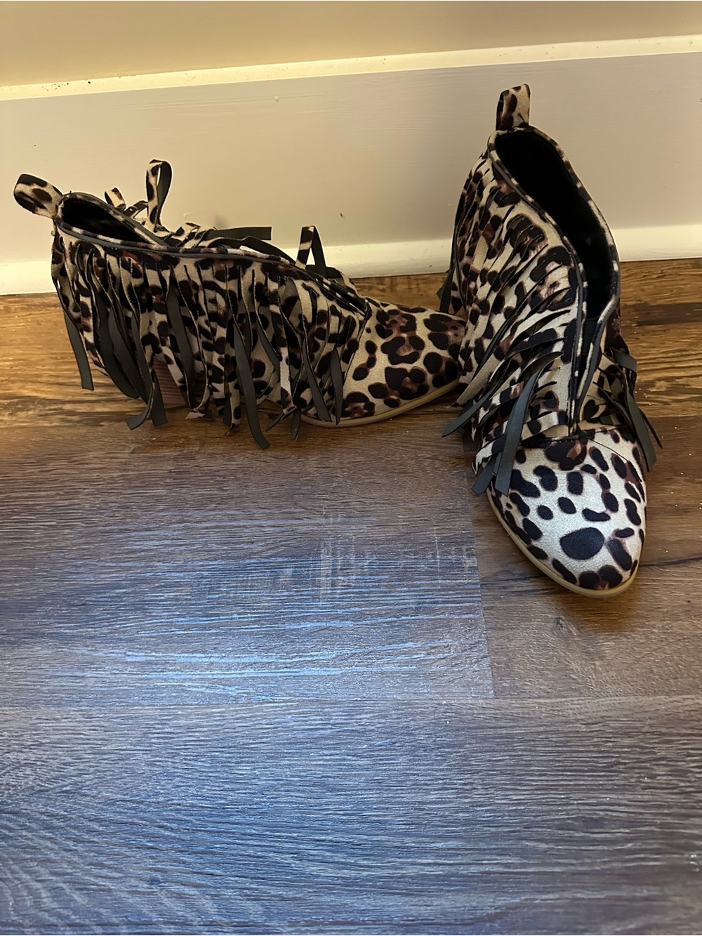 Leopard Print Fringe Ankle Boots - Women